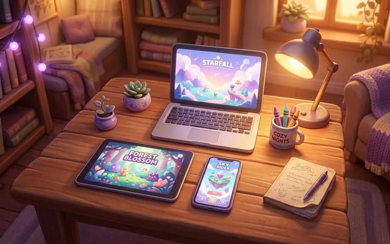 Übersicht verschiedener Spielkategorien für Kinder auf Tablet, Smartphone und Laptop