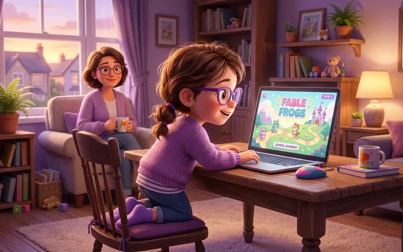 Kind spielt ein werbefreies Browserspiel am Laptop im Wohnzimmer