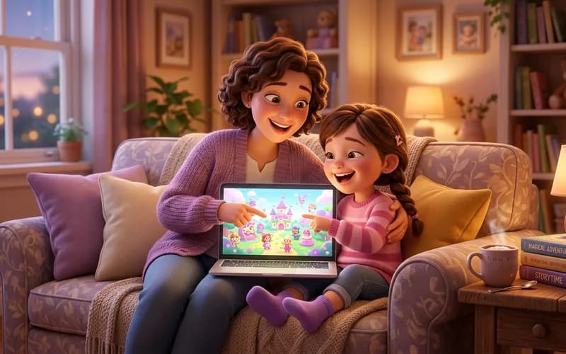 Kind und Elternteil spielen gemeinsam ein kostenloses Kinderspiel im Browser am Laptop