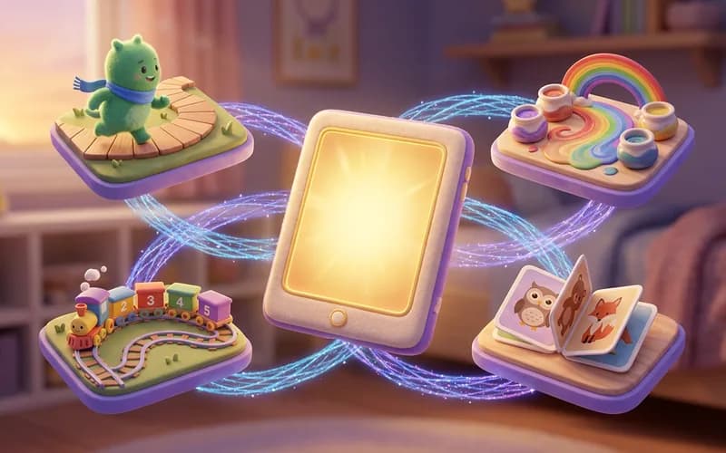 Verschiedene bunte Browserspiel-Ideen für Kinder auf einem Tablet-Bildschirm