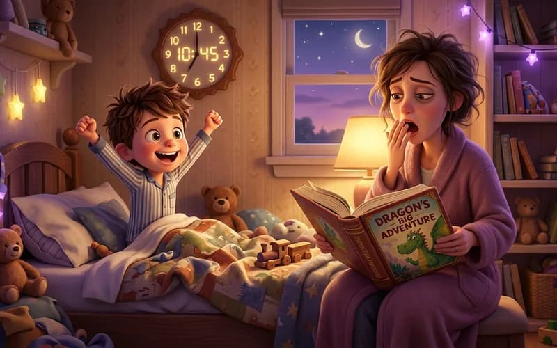 Kind sitzt hellwach im Bett, während die Mutter aus einem dicken Buch eine lange statt einer kurzen Gute-Nacht-Geschichte vorliest
