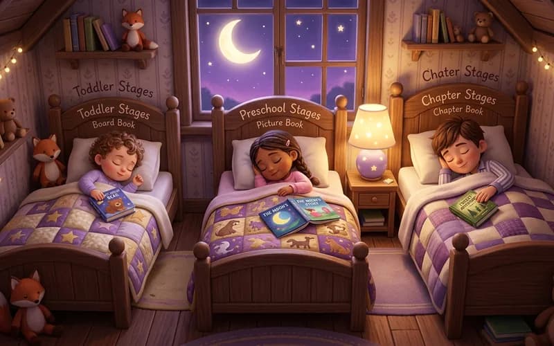 Übersicht als Szene: drei unterschiedlich große Kinder kuscheln mit unterschiedlich dicken Büchern in ihren Betten