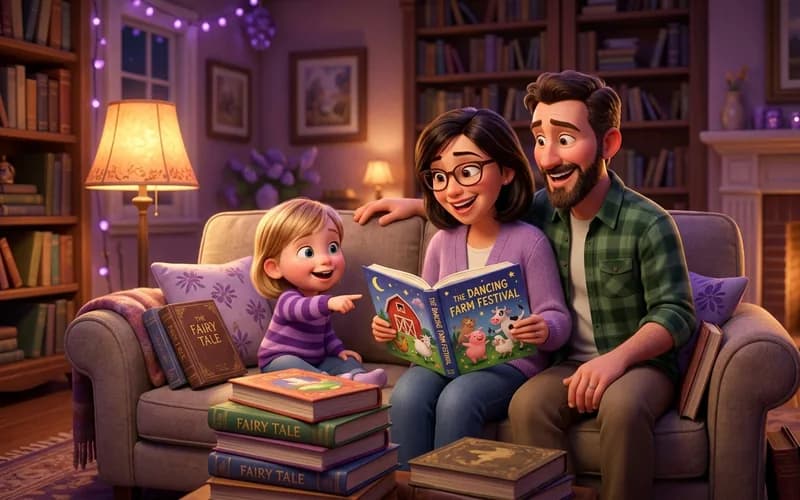 Familie liest gemeinsam ein altersgerechtes Märchenbuch auf dem Sofa
