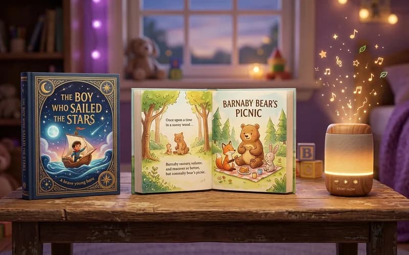 Drei Arten von Kindergeschichten nebeneinander: gedrucktes Buch, Bilderbuch und Hörgeschichte