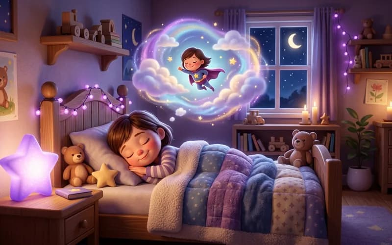 Kind kuschelt im Bett und hört seine eigene Gute-Nacht-Geschichte