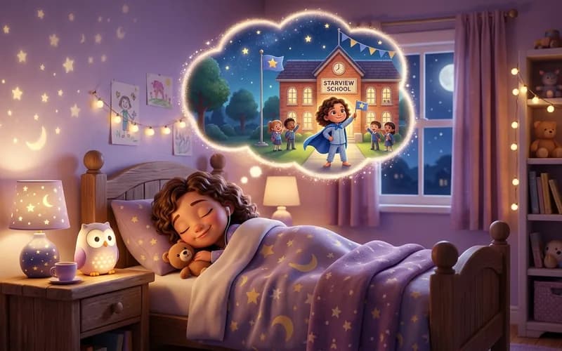 Kind hört abends im Bett eine Mut-Geschichte mit sich selbst als Held