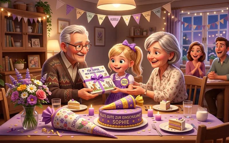 Familie feiert die Einschulung mit Kuchen und einem besonderen Geschenk