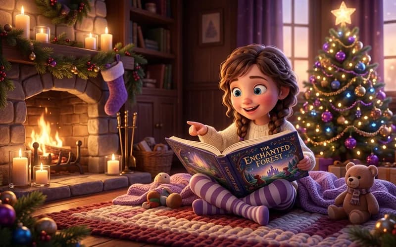 Kind entdeckt seinen eigenen Namen in einem personalisierten Kinderbuch unter dem Weihnachtsbaum