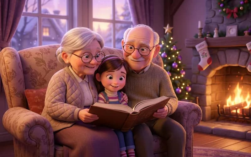Großeltern lesen ihrem Enkelkind aus einem personalisierten Weihnachtsbuch vor