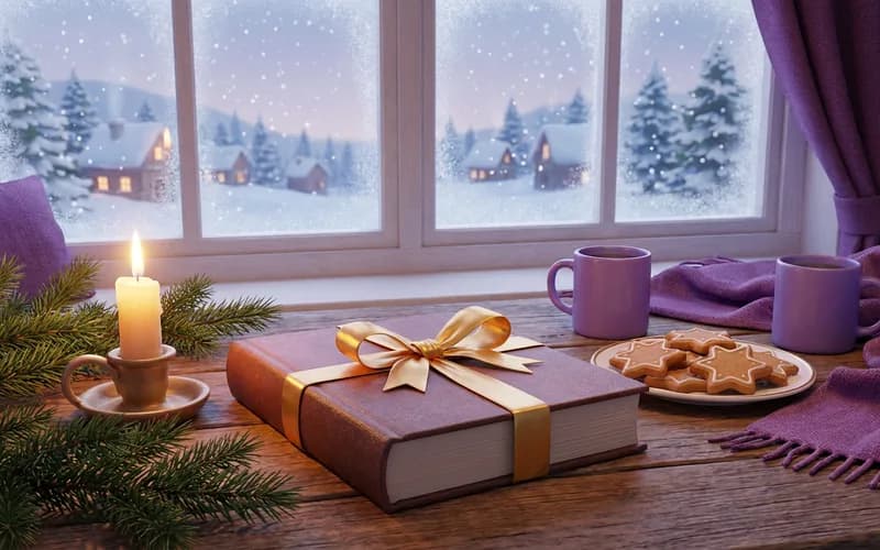 Weihnachtlich verpacktes personalisiertes Kinderbuch mit Schleife neben Tannenzweigen