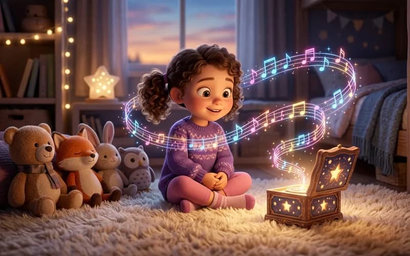 Kind hört mit leuchtenden Augen sein personalisiertes Kinderlied als Geschenk