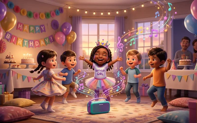Kindergeburtstag mit Musikbox und tanzenden Kindern im Wohnzimmer