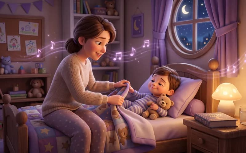Abendritual mit Musik: Elternteil und Kind kuscheln vor dem Einschlafen