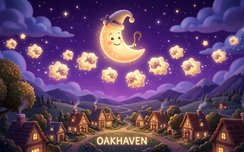 Illustration von Mond und Sternen als Schäfer und Lämmer über einem schlafenden Dorf