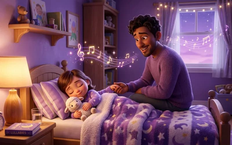 Illustration eines Vaters, der seinem Kind im Bett ein Wiegenlied vorsingt