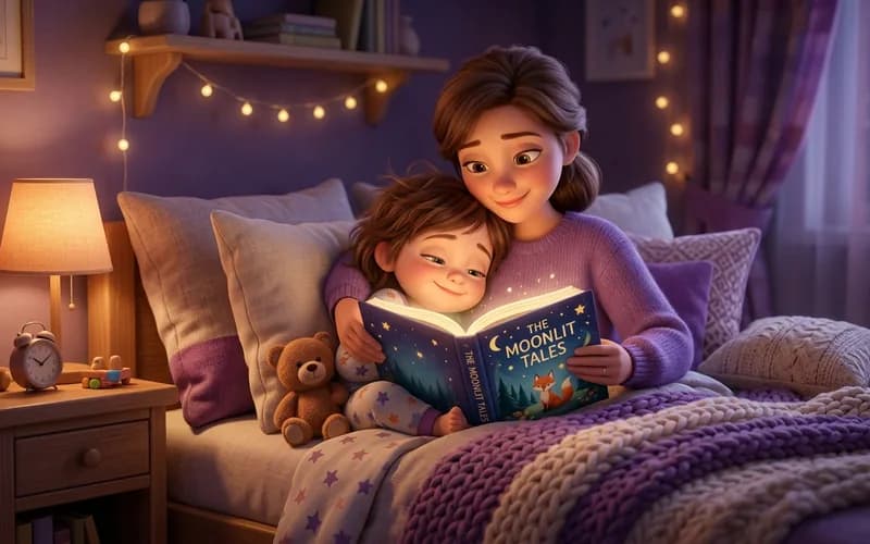 Familie beim Abendritual mit Gute-Nacht-Geschichte im Kinderzimmer