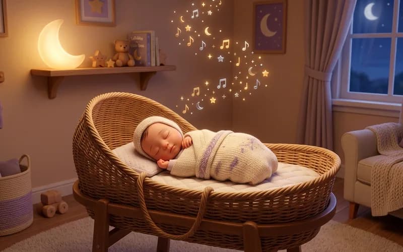 Baby schläft friedlich im Körbchen, während ein sanftes Schlaflied spielt