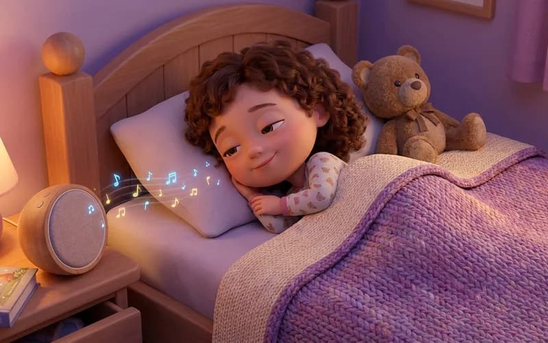 Kleines Mädchen liegt im Bett und lauscht ihrem Schlaflied mit Namen
