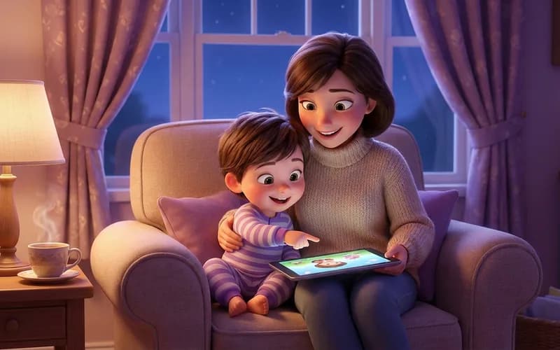 Mutter und Kind schauen gemeinsam auf ein Tablet und erstellen ein Schlaflied