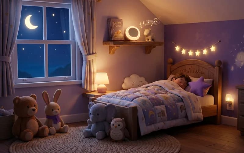 Gemütliches Kinderzimmer am Abend mit sanftem Licht und Musikbox