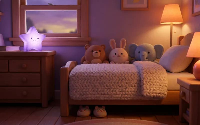 Gemütliches Kinderzimmer am Abend mit gedimmtem Licht als Bühne für das Einschlafritual