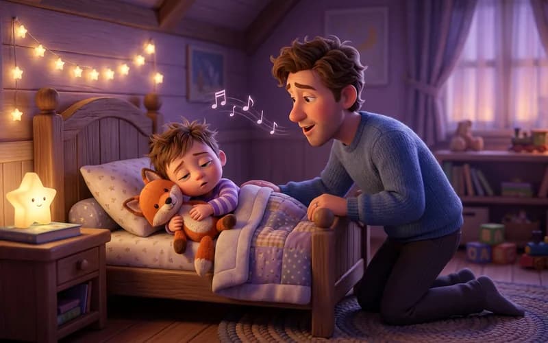 Vater singt seinem Kind am Bett leise ein Schlaflied vor, das Kind hält ein Kuscheltier und hat schwere Augenlider