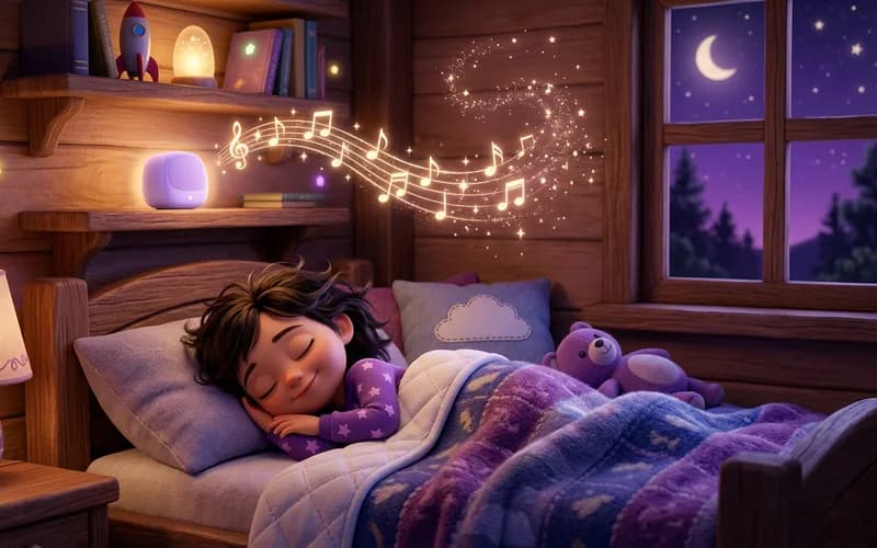 Kind schläft friedlich im Bett, während aus einem kleinen Lautsprecher auf dem Regal sanfte Musiknoten aufsteigen