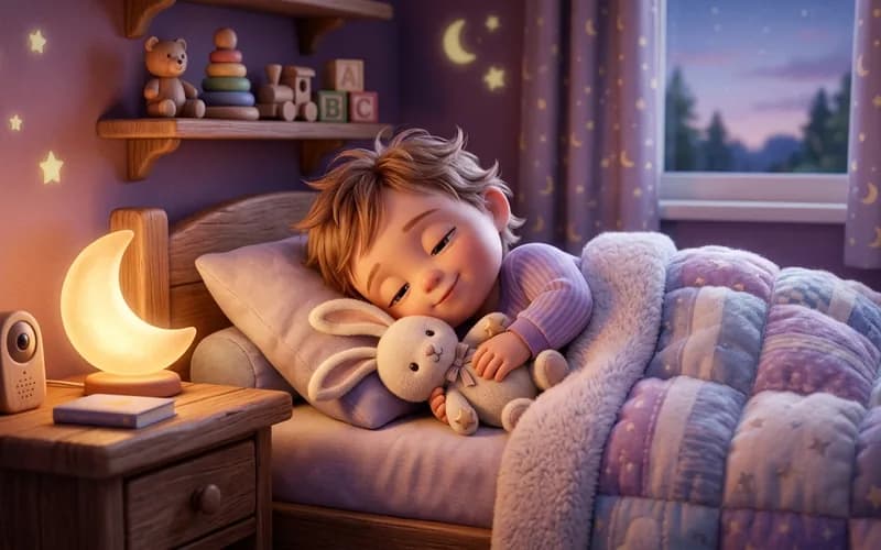Kleinkind kuschelt sich beim abendlichen Schlafritual mit einem Stofftier ins Bett