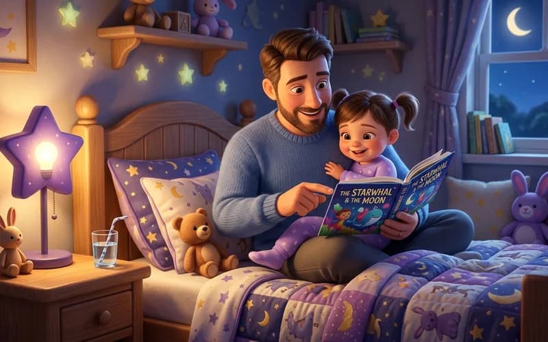 Vater liest seinem Kleinkind beim gedimmten Licht eine Gute-Nacht-Geschichte als Teil des Schlafrituals vor