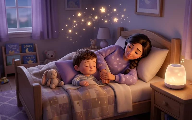 Kleinkind hört im Bett eine ruhige Hörgeschichte, das Zimmer ist in warmes Abendlicht getaucht