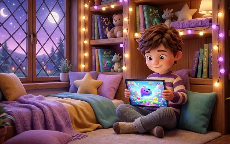 Kind spielt zufrieden eine geprüfte sichere Spiele-App für Kinder