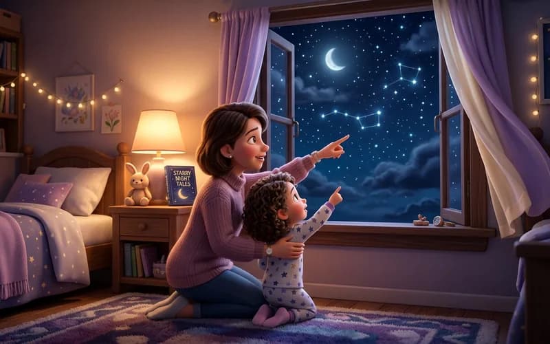 Mutter zeigt ihrem Kind am Fenster die Sterne, beide singen das Abendlied