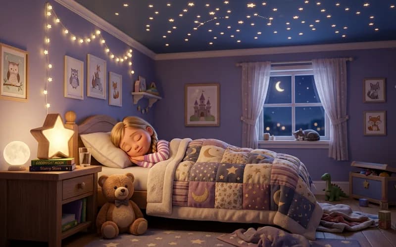 Kind liegt im Bett unter einer Sternenlampe und lauscht dem Gute-Nacht-Lied