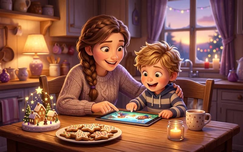 Familie erstellt am Tablet ein persönliches Weihnachtslied für ihr Kind