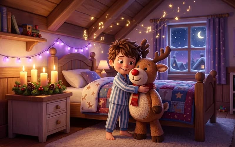 Kind im Schlafanzug hört abends am Adventskranz sein eigenes Lied