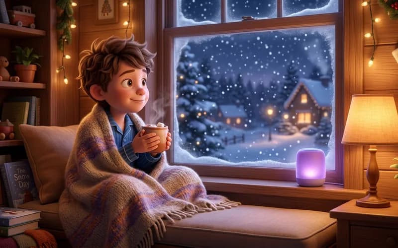 Kind trinkt Kakao und hört eine Wintergeschichte am Fenster